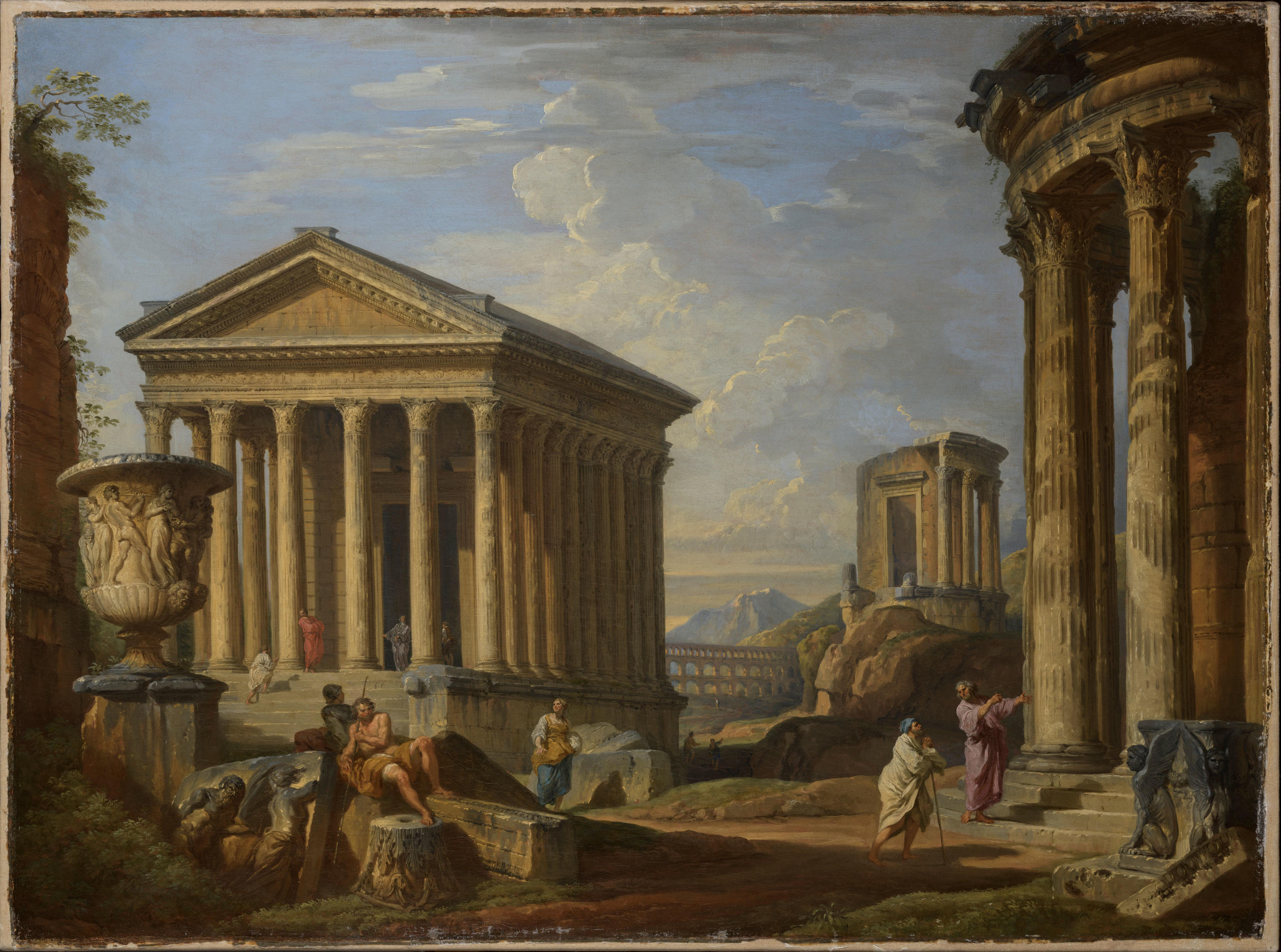 A Capriccio of Classical Ruins with the Maison Carrée at Nîmes, the Temple of the Sybil at Tivoli, the Pont du Gard near Nîmes and the Borghese Vase